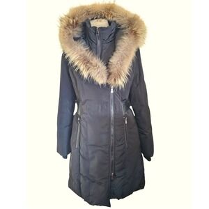 BOD & CHRISTENSEN Black Down Puffer Coat Fur Hood Side Belted Midi Length size S